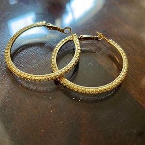 Costume jewelry earrings, gold tone with clear stones, large hoops